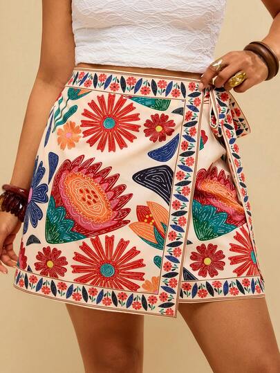Travachic Plus Size Digital Print Wrap Tie Casual Vacation Skirt