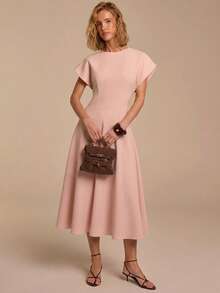 COSMINA A-Line Half Sleeve Batwing Midi Dress, Casual Commute Elegant Retro Vacation Swing Dress - Baby Pink - View 4