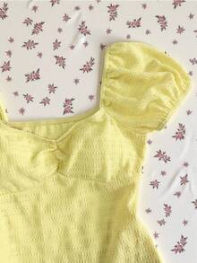 Elamini Yellow Knitted Jacquard Ruched Fabric Square Neck Puff Sleeve Fitted T-Shirt For Women, Spring/Summer , Resort, Boho Romantic, Elegant, Minimalist, Versatile For Dates & Everyday Wear - Yellow - View 4