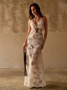 MOTF PREMIUM CASUAL VACATION FLORAL PRINT BACKLESS DRESS WITH SLIT HEM AND SHEER OVERLAY - White - View 4