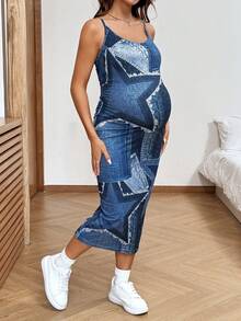 SHEIN 孕妇时尚星形印花紧身吊带连衣裙，夏季 - 藍色 - 查看 6