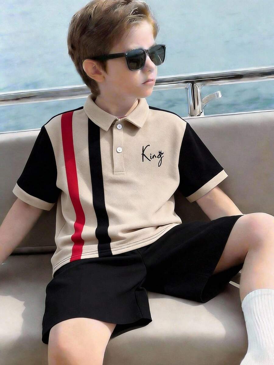 SHEIN 儿童男童休闲日常舒适印花撞色 Polo 领半拉链短袖针织 Polo 衫 - 彩色 - 查看 1