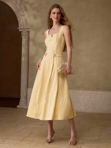 MOTF PREMIUM WOMEN'S LINEN & TENCEL BLEND YELLOW MIDI DRESS, CASUAL & DATE WEAR, SPRING/SUMMER - Yellow - View 3