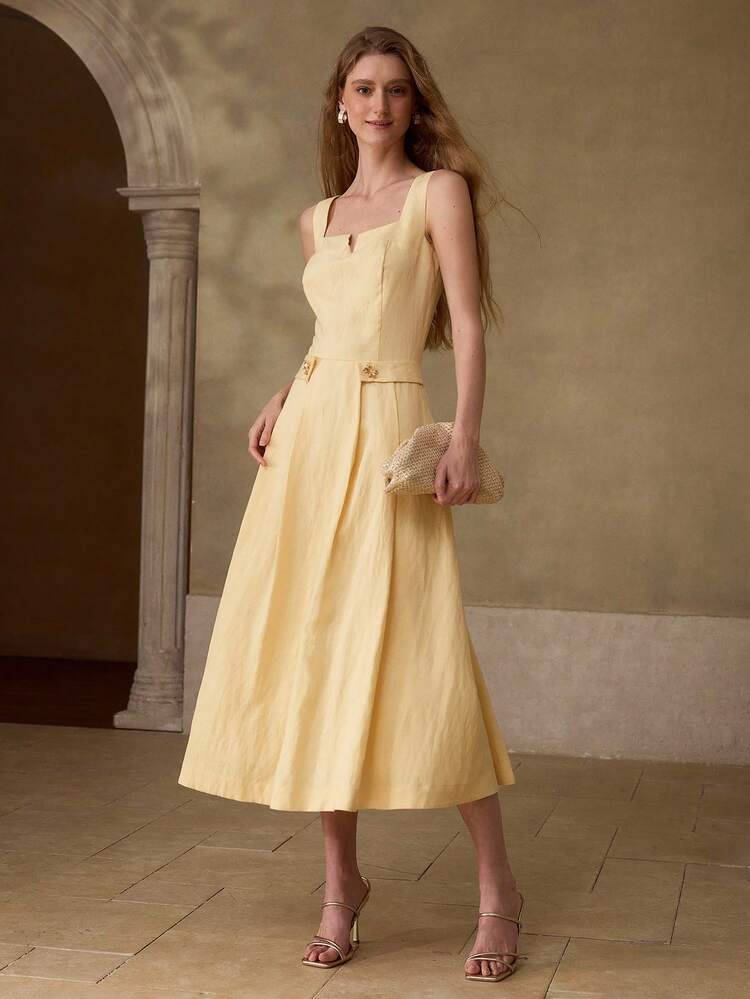 WOMEN'S LINEN & TENCEL BLEND YELLOW MIDI DRESS, CASUAL & DATE WEAR, SPRING/SUMMER
