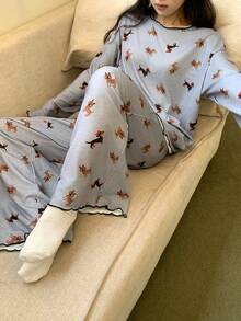 DAZY Happy Dog Print Loose Women Pajama Set - Grey - View 6