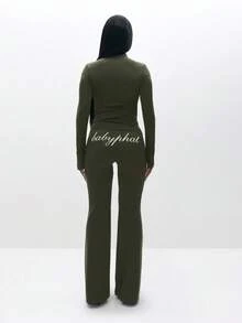 BABYPHAT Plus Size Olive Green Zip Up High Neck Long Sleeve Top With Text Print - Army Green - View 4