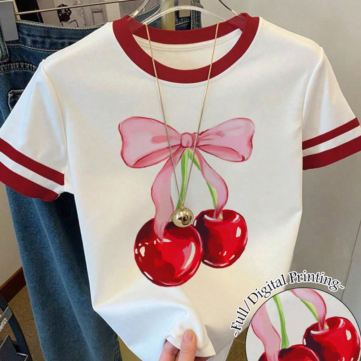 Camiseta de manga corta con estampado de lazo de cereza y ribete de contraste para niñas preadolescentes, camiseta gráfica de cereza de primavera/ve