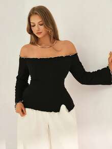 Auralis 优雅露肩喇叭袖白色撞色滚边修身套头衫，罗纹高弹力，Y2K 街头风日常穿搭，精致情人节约会T恤，大码 - 黑與白 - 查看 6