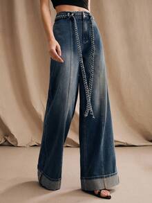 Anewsta Fashionable Woven Belt Rolled Hem Straight Leg Jeans - Blue - View 5