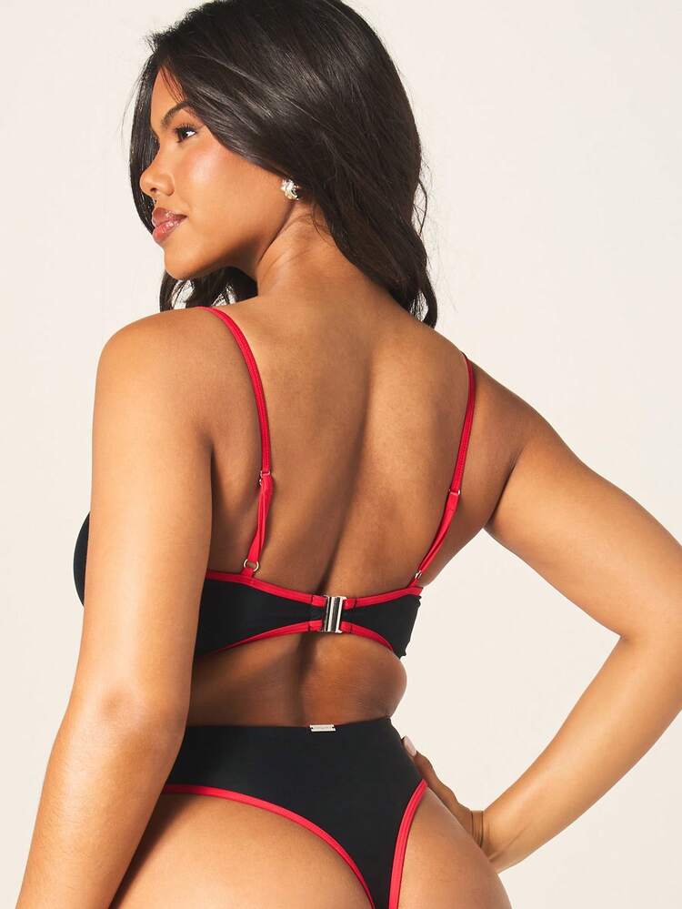 Missguided x Playboy Women's One Piece Cut Out Cherry Applique Monokini Swimsuit With Red Contrast Trim And Adjustable Straps For Beach Vacation Pool Party