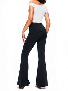 TypaGal 女士蕾丝边休闲纯色百搭阔腿裤，显瘦显腿长 - 黑色 - 查看 2