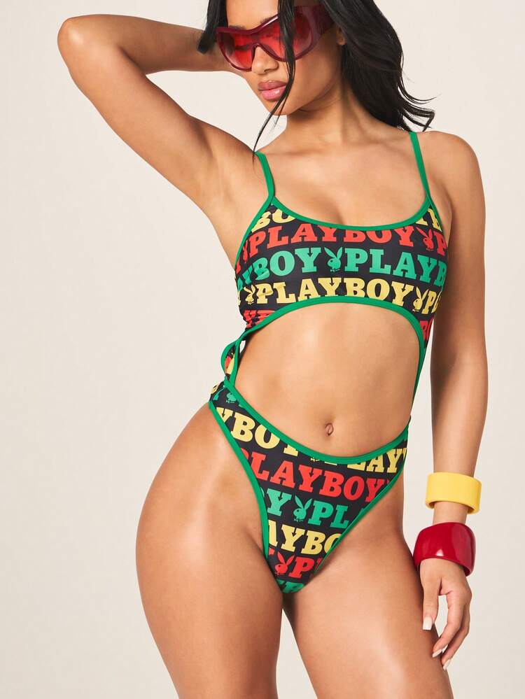 Missguided x Playboy Women Print Cut Out One Piece Swimsuit Monokini With Spaghetti Straps And High Rise Bottom For Summer Beach Pool Vacation