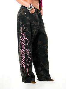 SUMWON WOMEN Women's Camouflage Wide Leg Barrel Jeans With Pink Script Graphics And Studded Detailing Relaxed Fit Slouchy Denim - Army Green - View 1