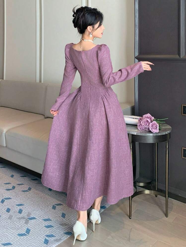 Spring & Summer Elegant Color Block Square Collar Petal Sleeve Mid-Length Dress For Women