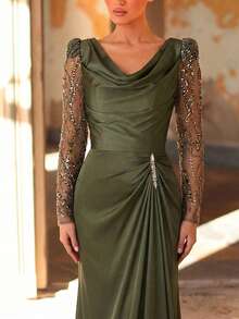 Aureia Elegante y lujoso vestido con cuello de volantes elástico con bordado de flores abullonadas, lentejuelas y diamantes, mangas transparentes de sirena, adecuado para bodas, fiestas, vacaciones, novia, madre de la novia y vestidos de noche - Verde - Ver 5