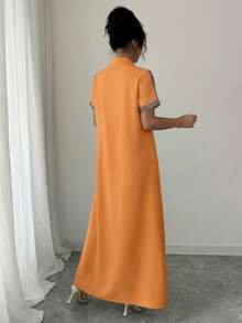 Rafferiza Contrast Color Embroidered Jewel Collar Loose Long Dress For Women - Burnt Orange - View 2