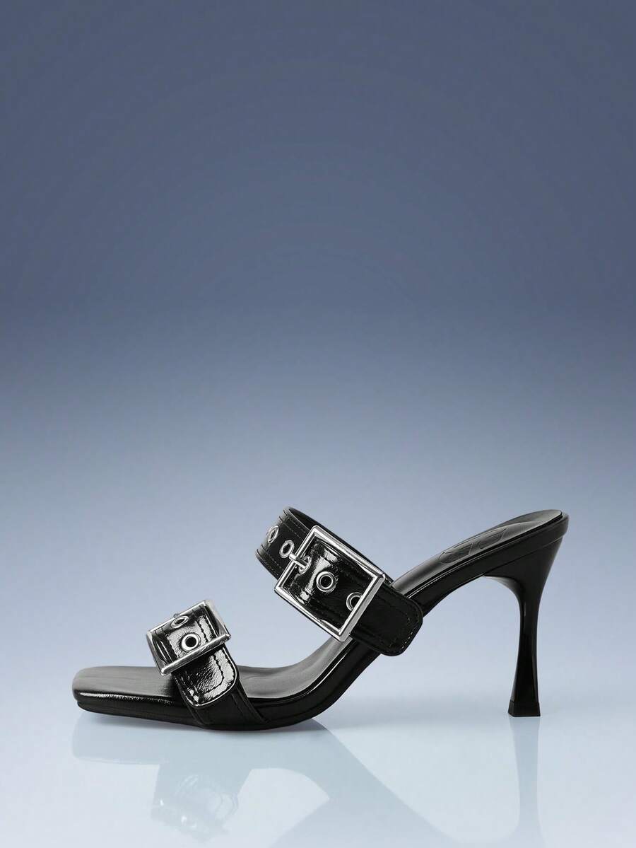 CUCCOO GRLICON Women's High Heel Slip-On Sandals, Metal Buckle Square Toe Stiletto Heel Glossy Solid Color Fashion Mules, Suitable For Date, Party, Holiday, Commute, Versatile, Motorcycle Style, Suitable For Spring/Summer, Vacation, Travel, 2000s Style Summer Shoes - Black - View 1