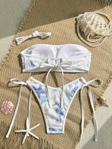 Swim Vcay Bộ bikini quây 2 mảnh đính sequin, quần cạp cao, đồ bơi gợi cảm cho kỳ nghỉ biển. - Xanh và trắng - Xem 2