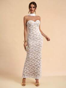 SHEIN BAE White Lace Strapless Mermaid Dress With Sash, White Dress, Wedding Season Dress - White - View 3