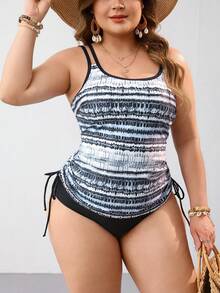 Swim Lushoire Plus Size Women 2pcs Random Print Tankini Swimwear With Tummy Control, Beach Holiday - Multicolor - View 3