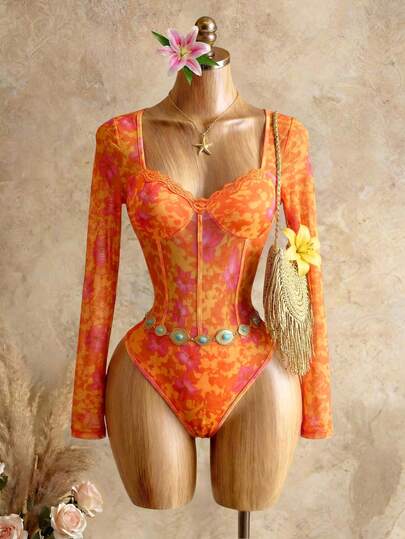 Mistrie 女士印花薄纱长袖连体衣