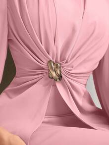 Veilorie Twist, Pleated Decor Button Waist Elegant Summer Dress - Pink - View 8