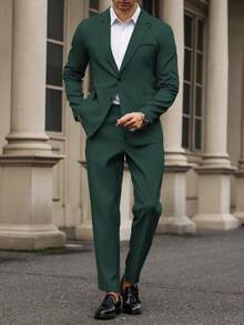 Manfinity Mode 纯色单排扣长袖西装外套和裤子2件套 - 墨綠色 - 查看 7