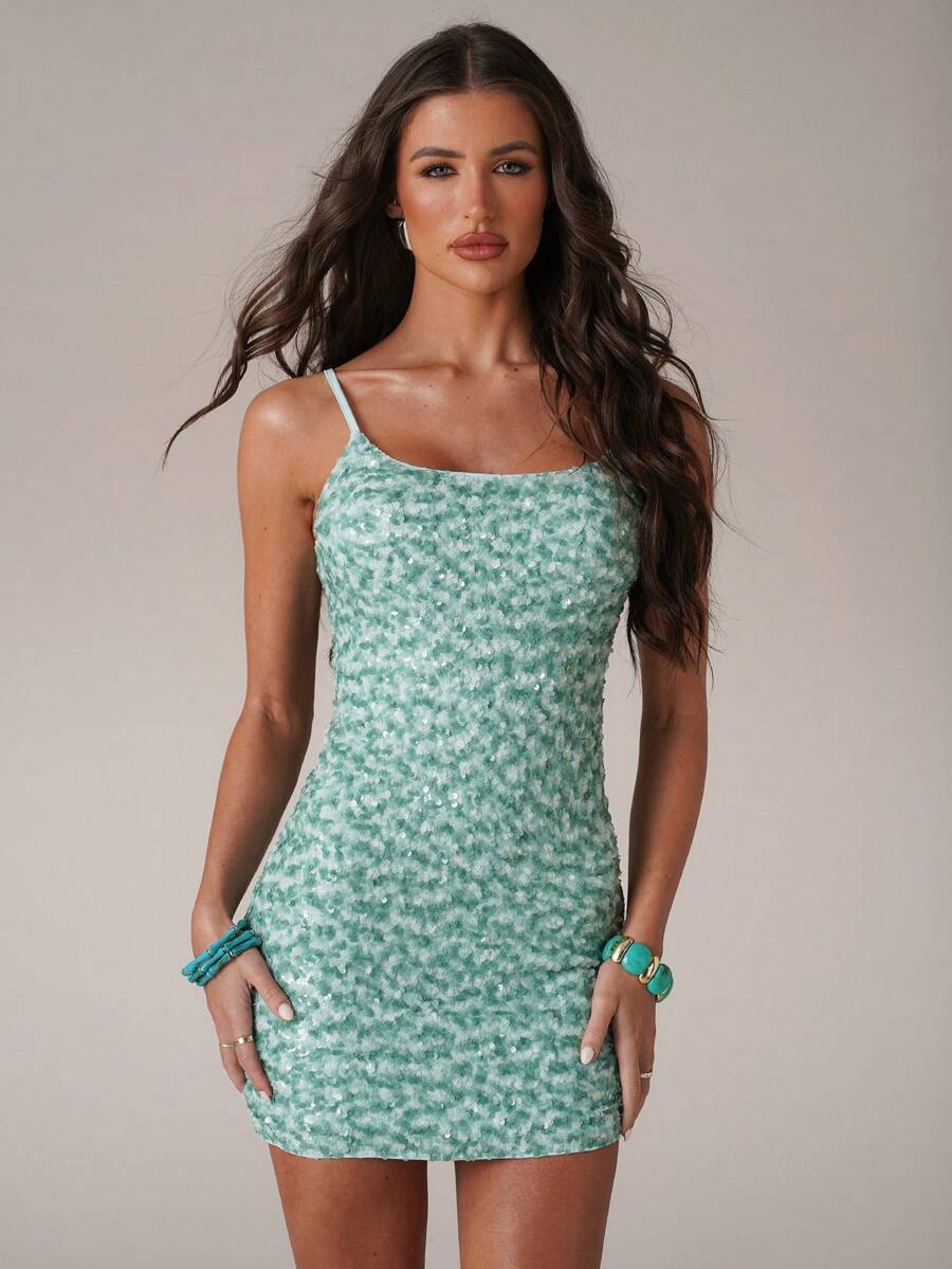 SHEIN BAE Đầm hai dây ngắn màu xanh bạc hà phối lưới đính sequin, thích hợp cho kỳ nghỉ biển, đầm ngắn mùa hè nhiều màu sắc, đầm sequin màu ngọc lam, trang phục thường ngày cho kỳ nghỉ, trang phục gợi cảm cho lễ hội âm nhạc, đầm hai dây tiện dụng. - Màu xanh ngọc - Xem 1