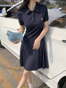 DAZY 女士刺绣半开襟纽扣休闲短袖迷你连衣裙 - 藏蓝色 - 查看 4