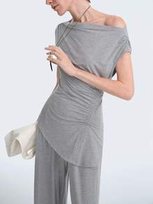 Aalyst 简约休闲时尚新款女士不对称褶皱垂褶露脐上衣和阔腿裤套装，适合日常穿着、婚礼、晚宴、通勤、毕业派对、节日、假期、约会、聚会、万圣节、圣诞节、新年、感恩节等场合。 - 灰色 - 查看 3