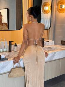 Slaydiva 夏季新品：生日派对、返校季、学院风、学生装、休闲外出、百搭基础款、休闲、度假、邮轮旅行、海滩、海边、日光浴、街头风、性感优雅、露背荷叶边吊带背心、中长裙、卡其色女士两件套 - A - 卡其色 - 查看 4