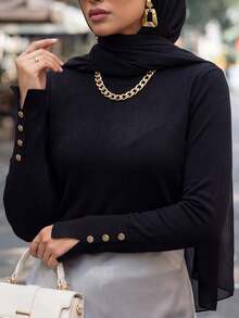 Calvaya All-Match Round Neck Casual Versatile Long Sleeve Knit Undershirt Button Top - Black - View 3