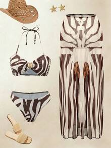 Swim Oasis Women's All-Over Print Bandeau Bikini Set With Sarong Skirt - Black - View 1