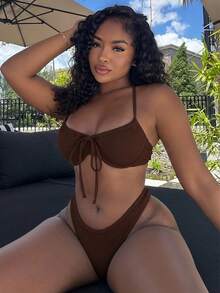 Alexandranx Women's Solid Color Front Tie Sexy Bikini Swimsuit Set, Summer Beach - Brown - View 1
