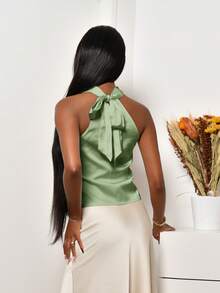 Mima John Apricot Neck-Tie Drape Collar Simple Elegant Women Blouse,Rave Top - Mint Green - View 3