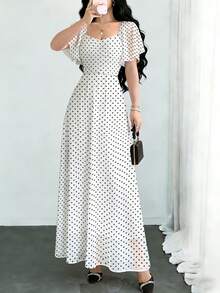 Modelyn 波点印花时尚方领短袖设计女士简约长连衣裙，夏季收腰优雅长裙，适合夏季度假和日常穿着 - 彩色 - 查看 4