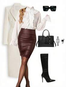 Ellevyn Vestido ajustado elegante de unicolor con parches de encaje para uso diario - Marrón - Ver 10