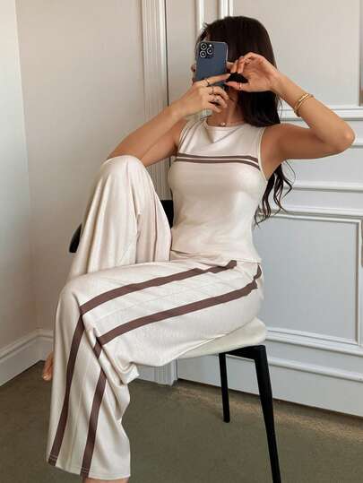 Dream Adore Sleeveless Top And Striped Decorated Pants Women Pajama Set