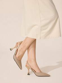 CUCCOO BASICS Women's Light Edition Pointed Back Lift Buckle Wine Glass And High Heels Popular Fashion Elegant Banquet Prom Party Outdoor Comfortable Shopping Dating Daily Commuter Birthday Gift Wedding Shoes Four Seasons Nude Fabric High Heel Shoes - Apricot - View 5