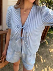 Livesso 两件套女士系带条纹上衣和休闲短裤套装 - 藍色 - 查看 1