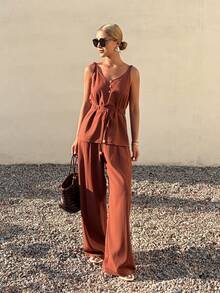 DAZY Conjunto de 2 piezas de top con atar en la cintura y pantalones casuales en color borgoña, conjunto de ropa de estar en casa para primavera/verano para mujeres - Rojo - Ver 3