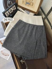 Franclia Double-Layer Split Hem Minimalist A-Line Anti-Flashing Skirt Pants - Grey - View 1