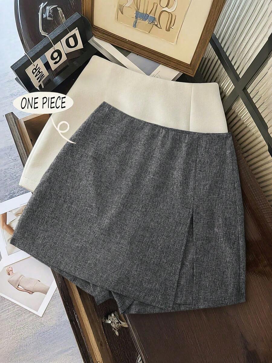 Franclia Double-Layer Split Hem Minimalist A-Line Anti-Flashing Skirt Pants - Grey - View 1