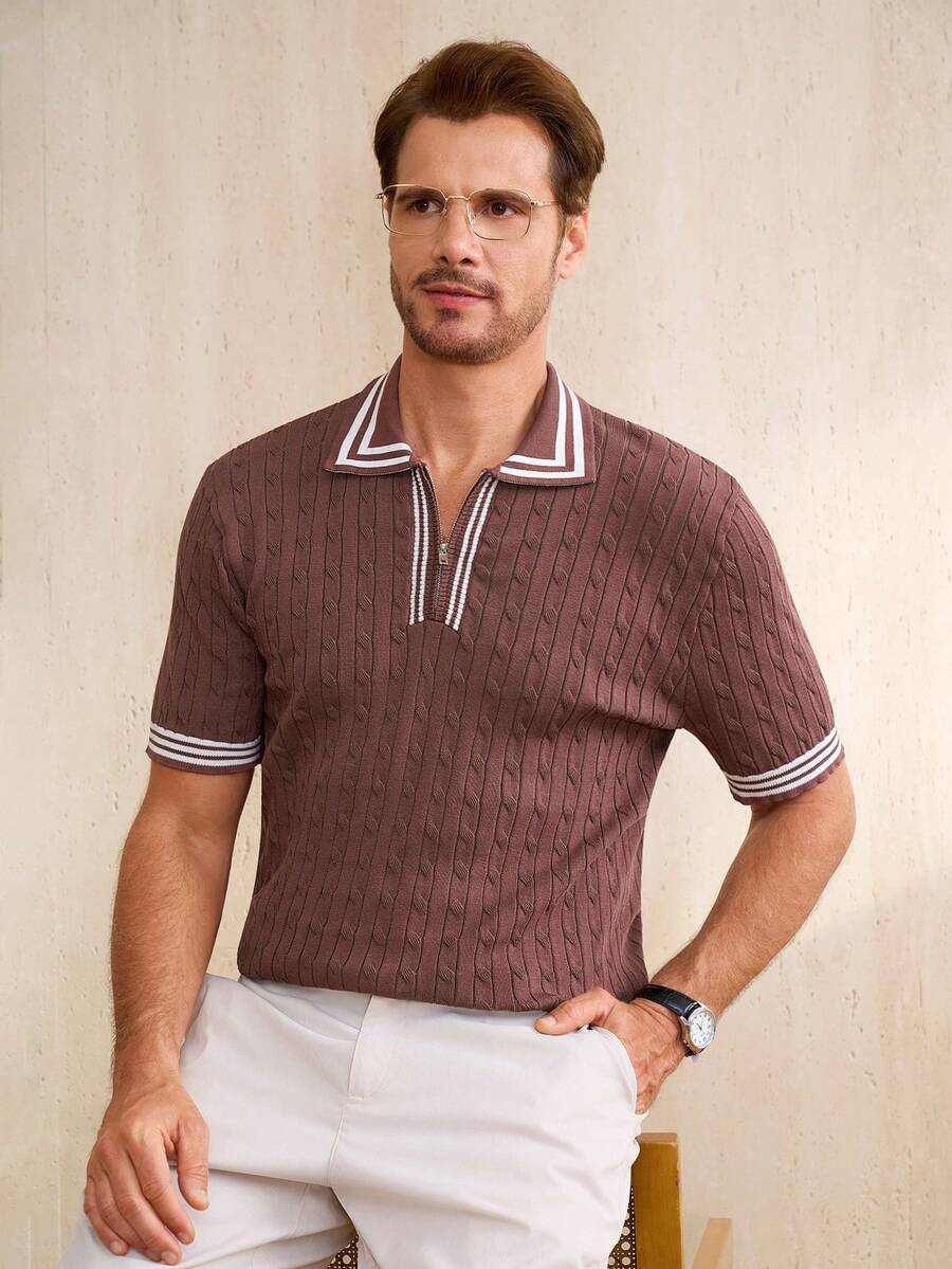 Manfinity CityGents Men's Casual Contrast Trim Short Sleeve Knit Top, Spring/Summer - Multicolor - View 1