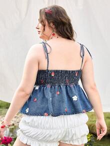 Sweetness Spring / Summer Plus Size Women Strawberry & Floral Print Ruffle Hem Denim Camisole Top - Medium Wash - View 7