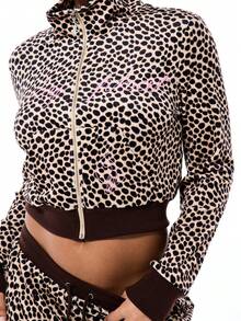 BABYPHAT Women's Casual Chic Street Style Leopard Print Letter Embroidery Zip-Up Cropped Sweatshirt, Suitable For Spring And Autumn Daily Commute - Brown - View 4