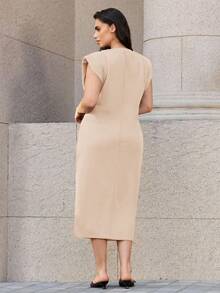 Maija 大码纯色褶裥开衩优雅时尚连衣裙 - 杏色 - 查看 3