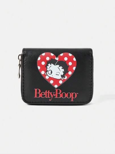 Betty Boop x SHEIN Pack Of 1, Black Love, Polka Dot Lips, Short Wallet, Simple Zipper, Women's Change Bag.
