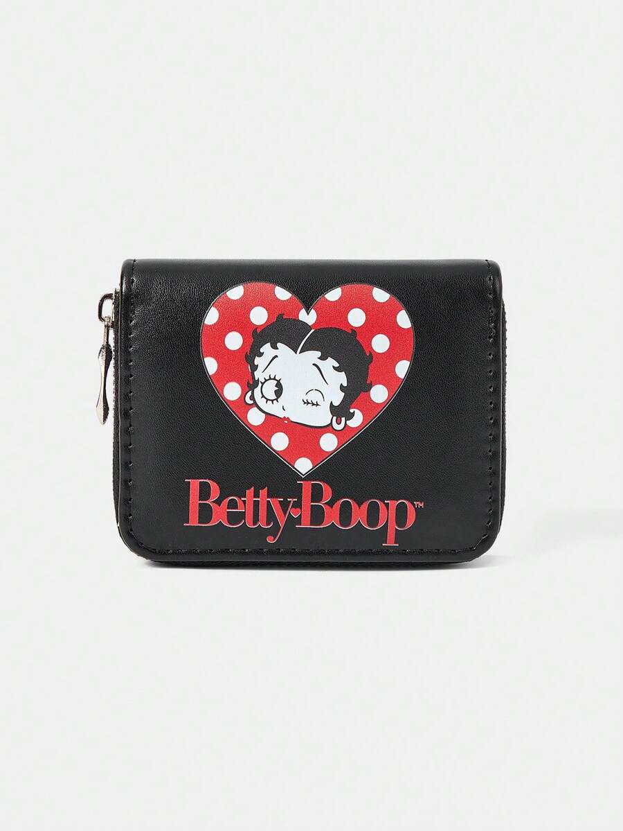 Betty Boop x SHEIN 1 件装,黑色爱心波点嘴唇图案,短款钱包,简约拉链,女士零钱包。 - 黑色 - 查看 1