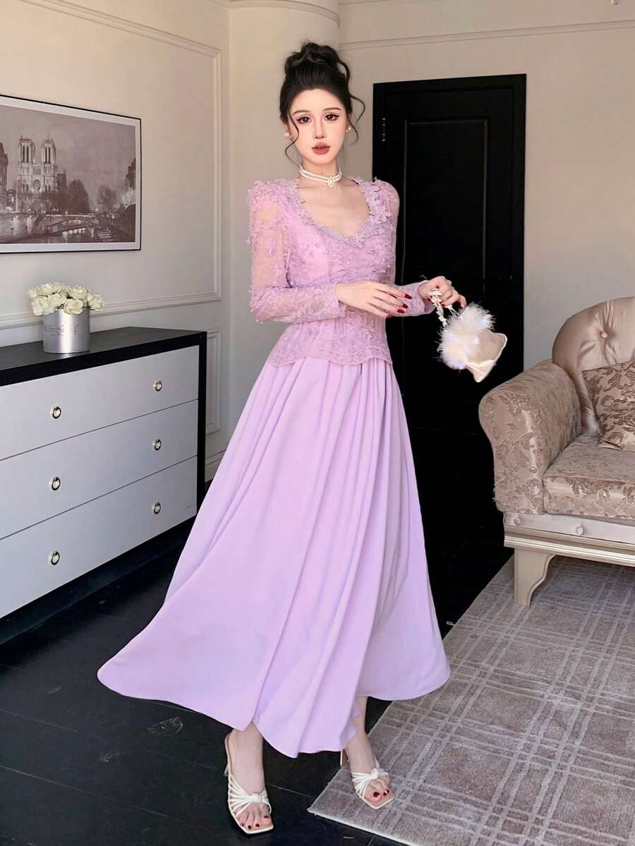 DAZY Spring&Summer Lavender Pink Lace Dress,Elegant Wedding Party,Autumn Banquet Fashion Event,Slim Fit Sheer Mesh Patchwork Full Skirt Long Dress Women - Purple - View 1
